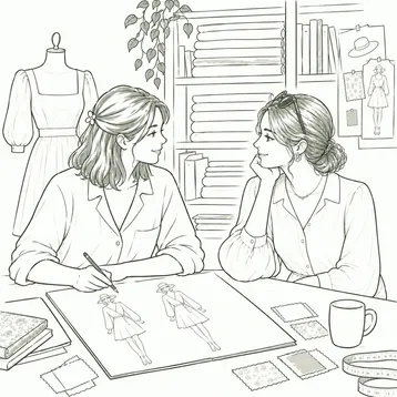Illustration : Hermine et une future invitée discutent autour de croquis de tenues.