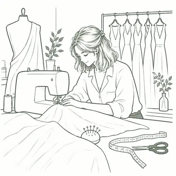 Illustration : Hermine coud une robe à sa machine, dans son atelier.