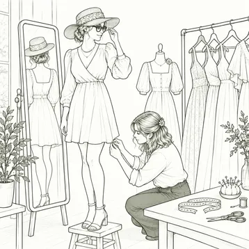 Illustration : une invitée en chapeau et lunettes de soleil essaie sa robe devant un miroir pendant qu'Hermine épingle l'ourlet.