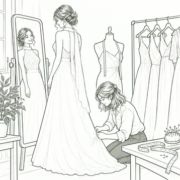 Illustration : une future mariée essaie sa robe devant un miroir pendant qu'Hermine épingle l'ourlet.